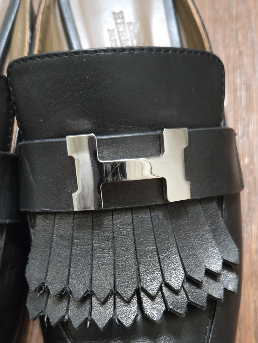 Hermes Black Leather Fringe Kiltie Mules with Silver H Logo - Picture 6 of 7